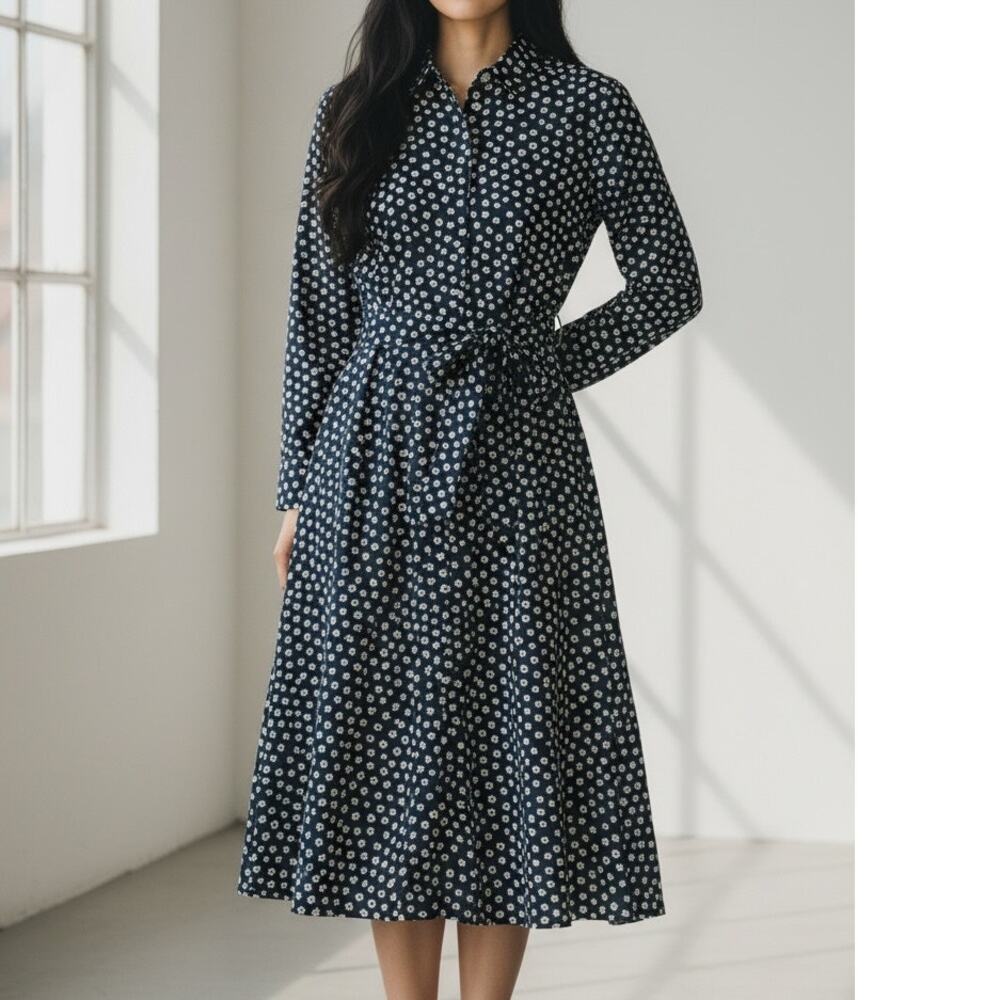 J.Crew Floral Print Long Sleeve Button Down Midi Shirt Dress Belted 0 Blue White